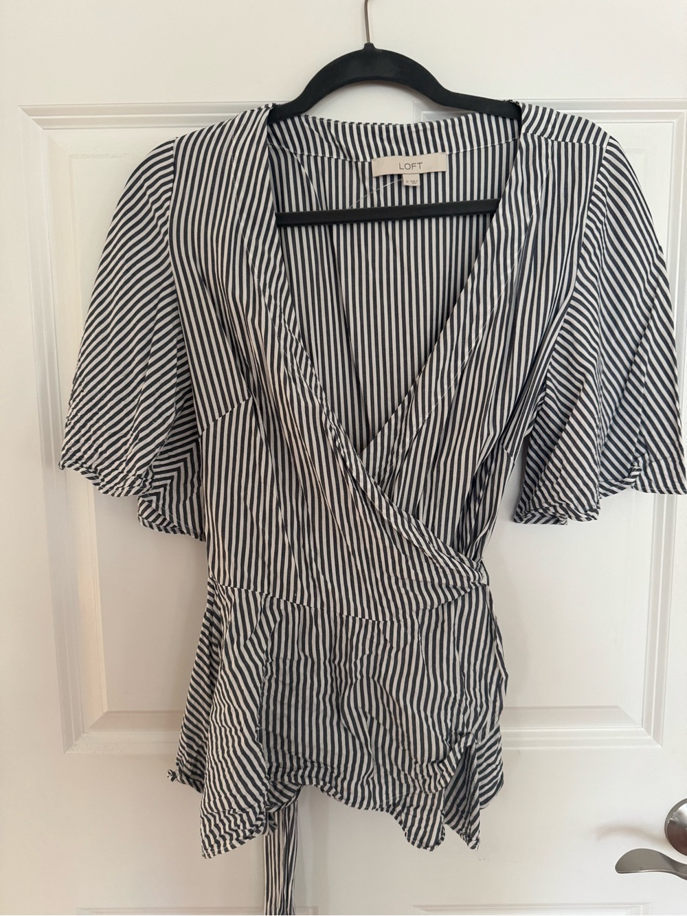 LOFT Slat Gray/Blue & White Vertical Stripe Wrap Blouse- Medium
